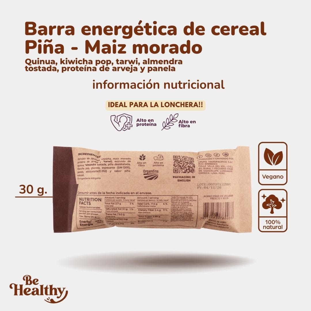Barra energética de cereal Piña - Maiz morado